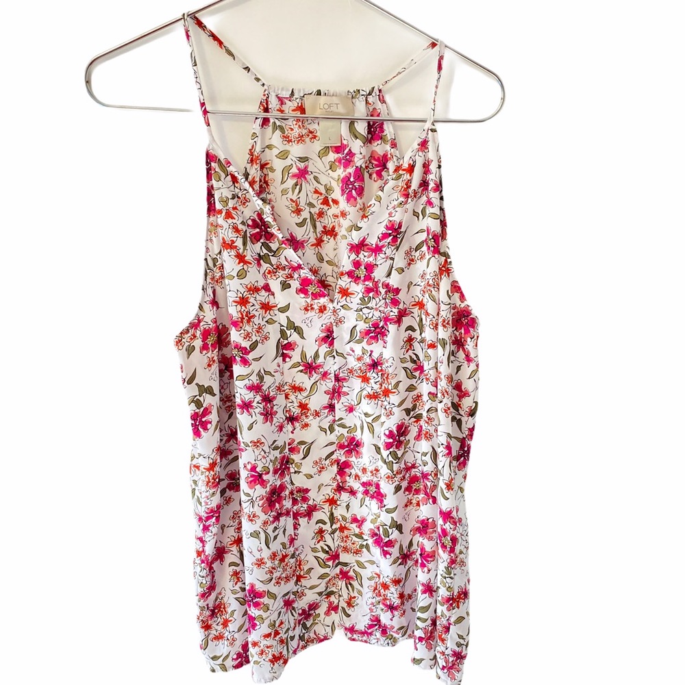 LOFT floral pink white vneck flowy tank